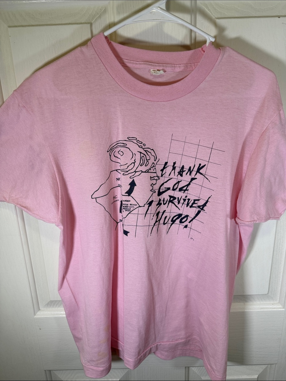 Screen Stars Pink Graphic Tee with Black Hurricane Hugo Print